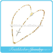 2016 High quality stainless steel three tone gold jesus crucifix 4mm beads rosary chain necklace